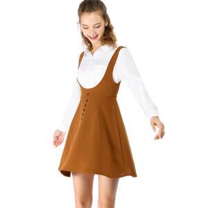 Women's Button Decor Overalls Pinafore Dress Suspenders Skirt Brown